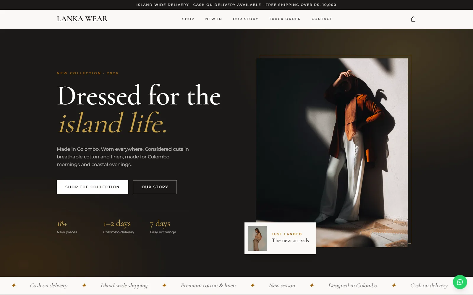 Lanka Wear home page with a full-width fashion photo
