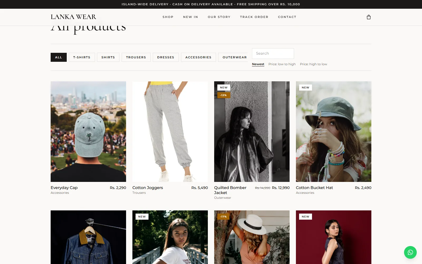 Shop page with filters and a product grid