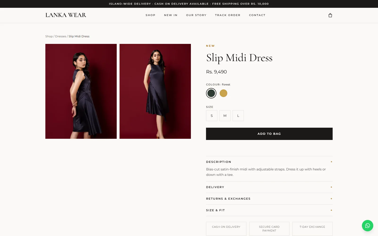 Product page for a midi dress with colour and size pickers