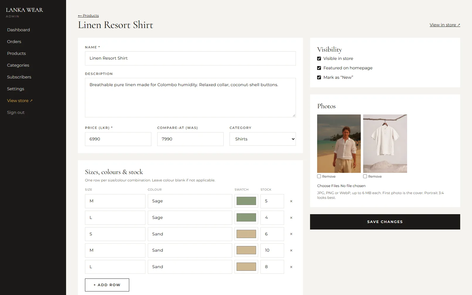 Admin product editor with sizes, colours and stock