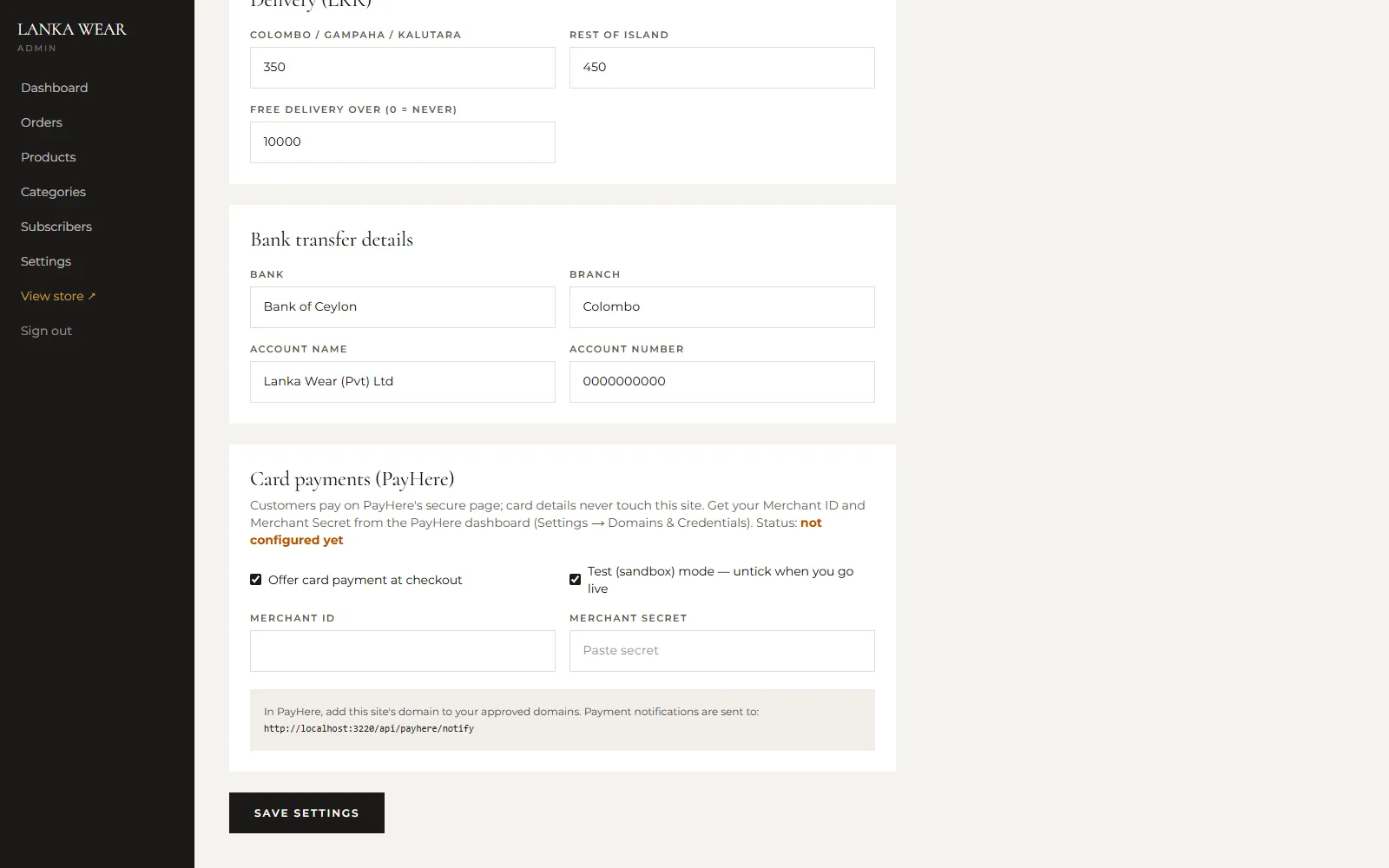 Admin settings for card payments