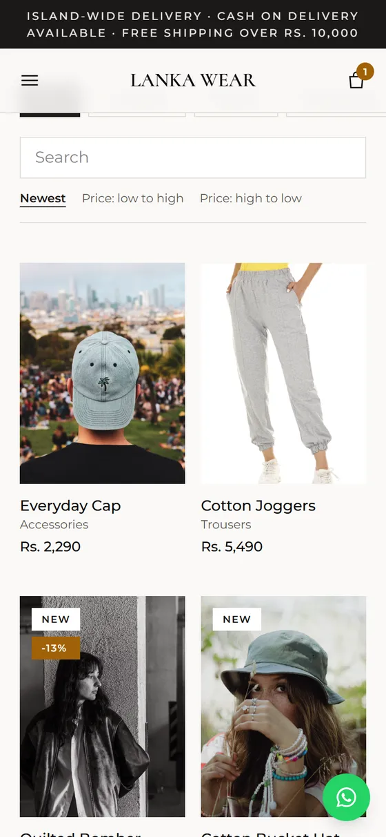 Shop page with category chips on a phone