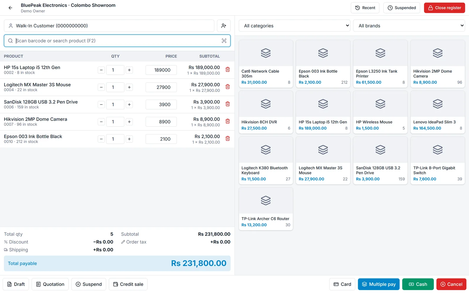 POS screen with items in the cart and a product grid