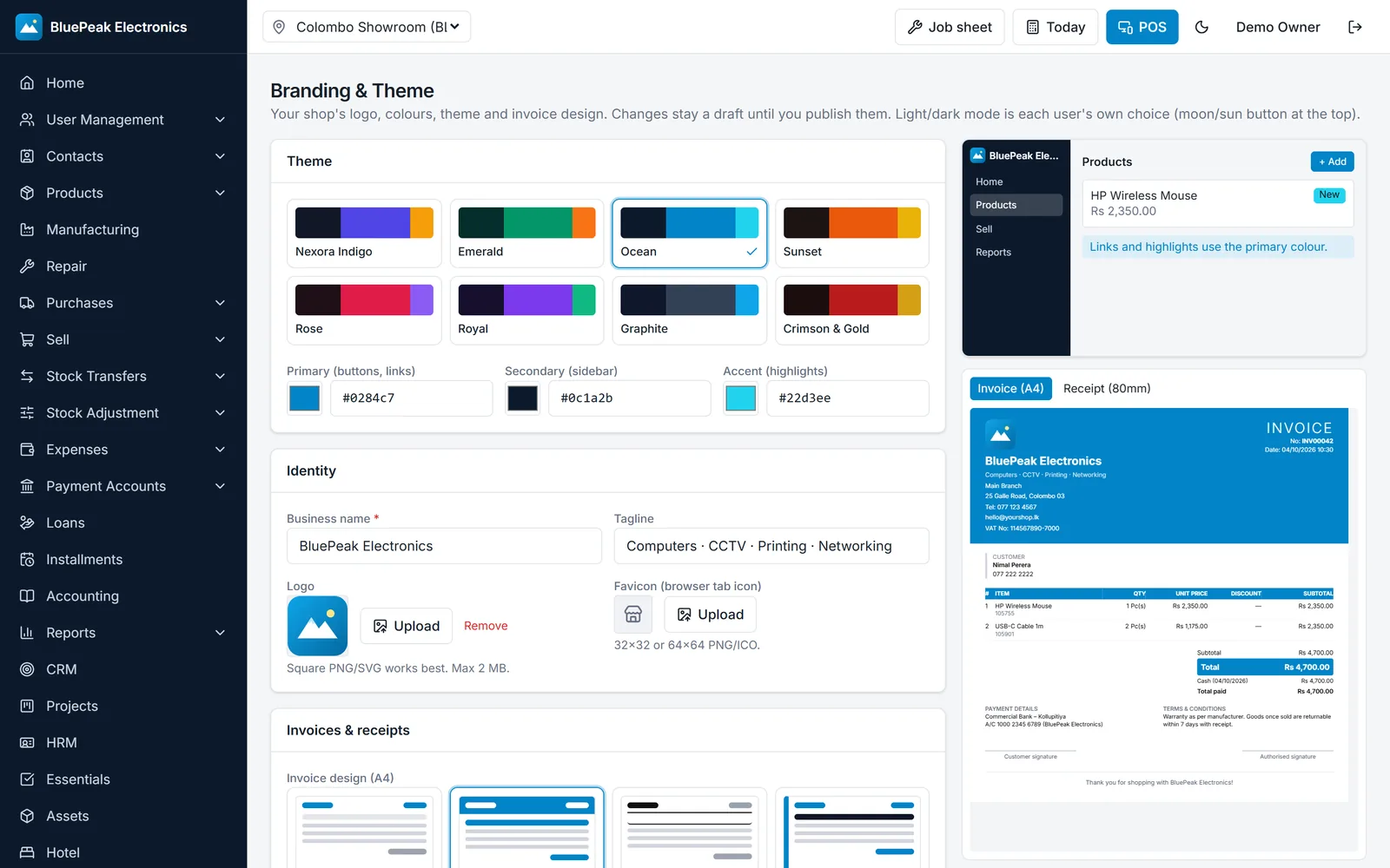 Branding and theme editor with live invoice preview