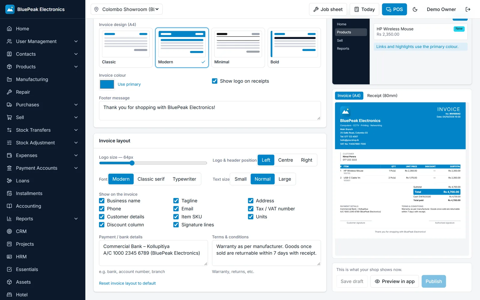 Invoice design options