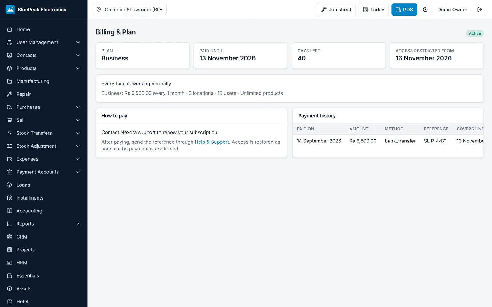 Shop billing and plan page